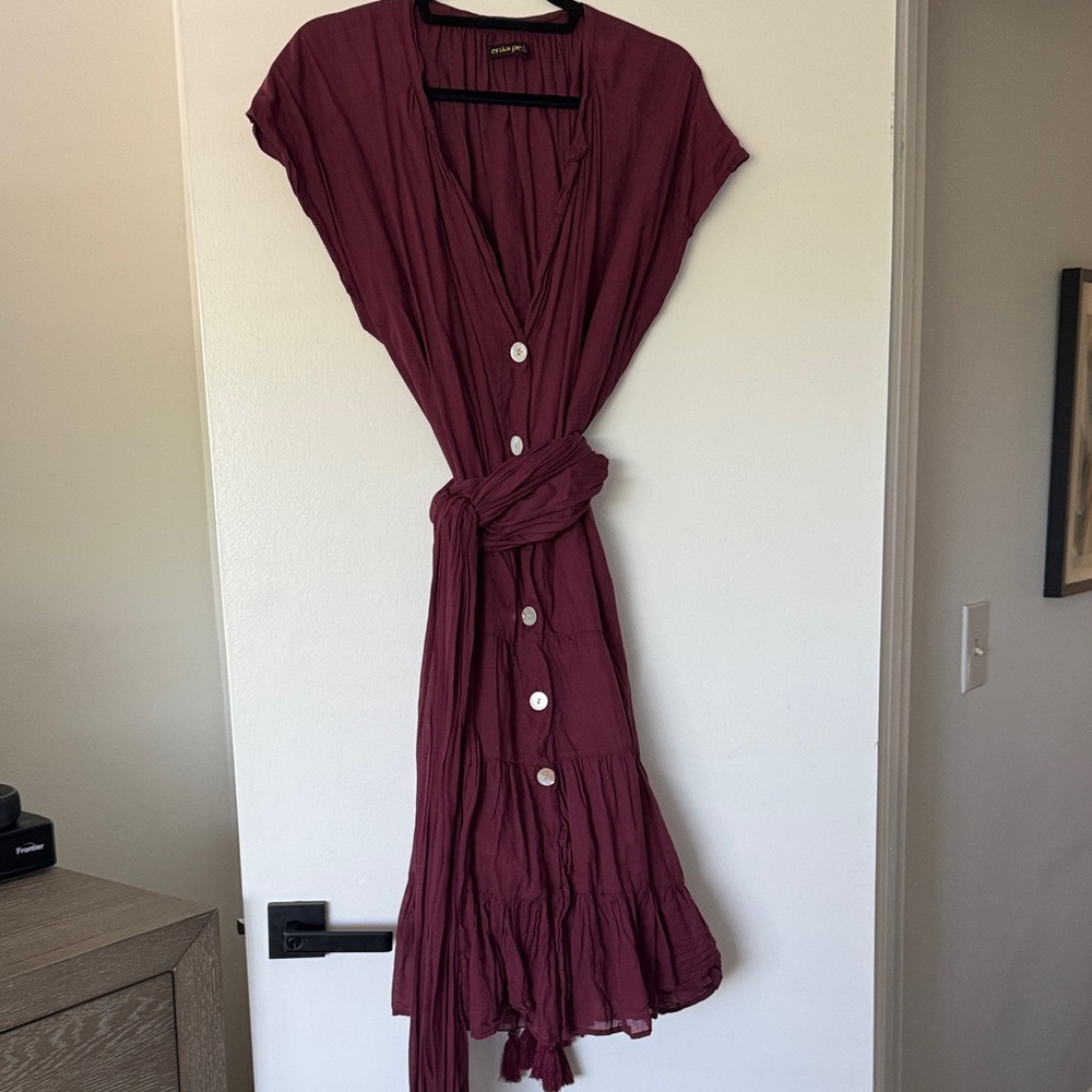 Pearl Button-Front Midi Dress with Long Fringed Tie/Scarf in Wine